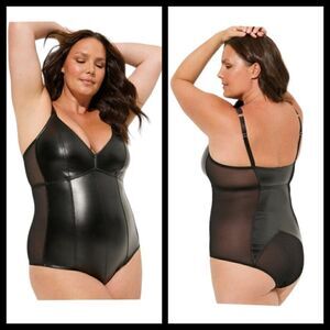 3X 22W 24W Torrid Black Bodysuit Pleather Mesh Stretch Lingerie Boudoir  Club